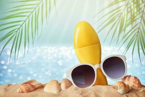 Gelb Tube Sonnenschutz und Sonnenbrille auf verschwommen Meer Hintergrund mit Palme Blätter, Sand und Muscheln. Strand Reise Konzept foto