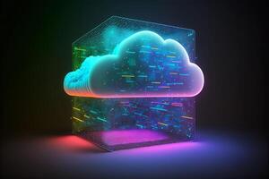 Wolke Computing Daten Base Technologie Konzept mit glühend Neon- Strukturen auf ein dunkel Hintergrund. generativ ai Illustration foto