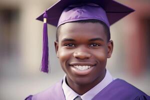 Porträt von schwarz amerikanisch jung Mann tragen ein Abschluss Deckel. lernen, Ausbildung, Absolvent Konzept. generativ ai Illustration foto