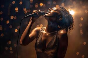 schön afrikanisch amerikanisch weiblich trägt ein Kleid mit Gold Pailletten singt auf Bühne. generativ ai Illustration foto