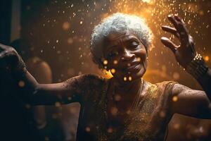 sorglos alt schwarz Frau trägt glänzend Kleid und Tanzen beim ihr Jahrestag Party. generativ ai Illustration foto