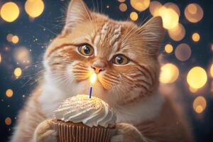 groß Ingwer Katze feiert Geburtstag mit Cupcake auf festlich Bokeh Hintergrund. generativ ai Illustration foto