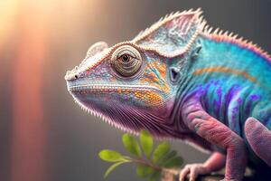 Nahansicht Porträt von ein Chamäleon mit hell exotisch Haut im bunt Farben. generativ ai Illustration foto
