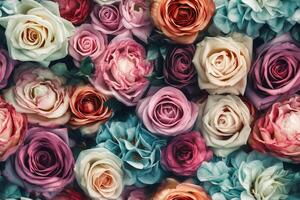 Blumen- Rosa und Blau Rosen nahtlos Muster. Vorlage zum Stoffe, Textilien, Papier, Hintergrund, Innere Dekoration. generativ ai Illustration foto