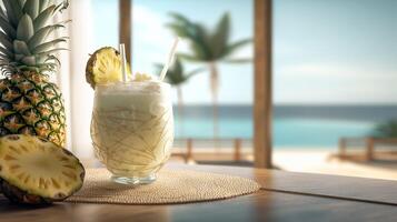 tropisch Cocktail Pina Colada gegen das Hintergrund von schön tropisch Landschaft. generativ ai Illustration foto