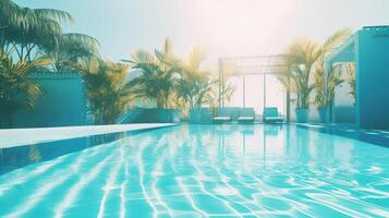 leeren Schwimmen Schwimmbad im tropisch Resort im Sommer- Hintergrund. generativ ai Illustration foto