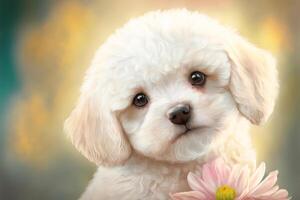 süß flauschige Hund und Blumen. festlich zärtlich Gruß Karte. generativ ai Illustration foto