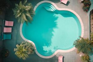 Antenne Aussicht von leeren Schwimmen Schwimmbad von Luxus Hotel. generativ ai Illustration foto