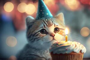 süß wenig Kätzchen mit Geburtstag Cupcake auf festlich Bokeh Hintergrund. generativ ai Illustration foto