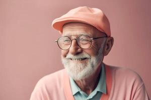 lächelnd bärtig Senior Hipster im Rosa Kleider auf ein Pastell- Hintergrund. generativ ai Illustration foto