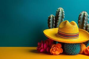 cinco de Mayo Urlaub Hintergrund. Mexikaner Kaktus und Party Sombrero Hut auf Gelb Türkis Hintergrund. generativ ai Illustration foto