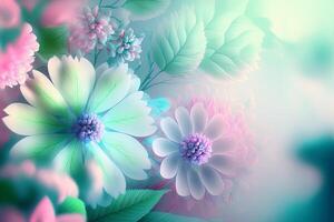 Frühling Blumen- Gradient Hintergrund mit irisierend surreal Blumen, zart Pastell- Farben. generativ ai Illustration foto