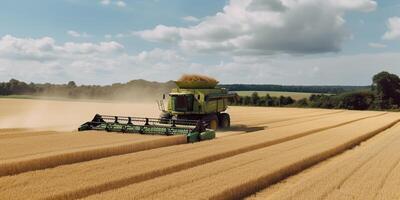 ai generiert. ai generativ. Mähdrescher kombinieren Traktor beim Sonnenuntergang Feld von Weizen Korn Pflanze. Farmer draussen inspirierend Stimmung. Grafik Kunst foto