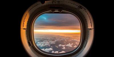 ai generiert. ai generativ. Foto realistisch Illustration von Wolken über Himmel oben im das Luft Aussicht durch das Luft Flugzeug Flugzeug Fenster. Abenteuer Reise Ferien Stimmung. Grafik Kunst