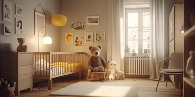 ai generiert. ai generativ. fotorealistisch Kindergarten Zimmer im gemütlich warm Familie skandinavisch Stil. Haus Wohnung Lebensstil Liebe groß Familie Kinder Stimmung. Grafik Kunst foto