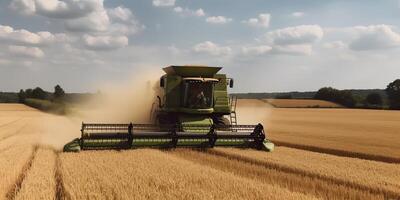 ai generiert. ai generativ. Mähdrescher kombinieren Traktor beim Sonnenuntergang Feld von Weizen Korn Pflanze. Farmer draussen inspirierend Stimmung. Grafik Kunst foto