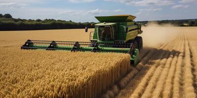 ai generiert. ai generativ. Mähdrescher kombinieren Traktor beim Sonnenuntergang Feld von Weizen Korn Pflanze. Farmer draussen inspirierend Stimmung. Grafik Kunst foto