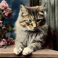 ai generiert. ai generativ. 1910er Jahre Jahrgang retro farbig Foto realistisch Fotografie Illustration. Stift Tier Kitty Katze entspannen Stimmung. Grafik Kunst