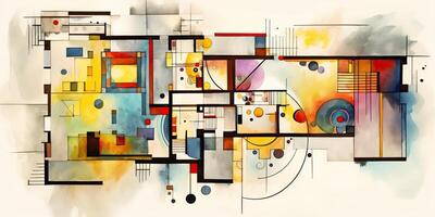 ai generiert. ai generativ. abstrakt Jahrgang retro Ästhetik Fußboden planen Hintergrund Muster inspiriert durch wassily Kandinsky. können Sein benutzt mögen Poster zum Zuhause Dekoration. Grafik Kunst foto