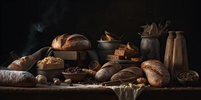 ai generiert. ai generativ. ein Menge von anders frisch gebacken Brot Produkte und Wüsten. Bäckerei warm Stimmung. Grafik Kunst foto