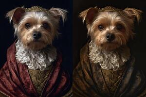 ai generiert. ai generativ. Gemälde von ein Yorkshire Terrier im Renaissance Kleidung realistisch Illustration. Jahrgang retro Elite Stimmung. Grafik Kunst foto