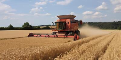 ai generiert. ai generativ. Mähdrescher kombinieren Traktor beim Sonnenuntergang Feld von Weizen Korn Pflanze. Farmer draussen inspirierend Stimmung. Grafik Kunst foto