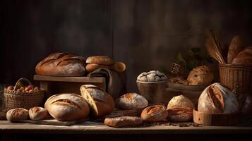 ai generiert. ai generativ. ein Menge von anders frisch gebacken Brot Produkte und Wüsten. Bäckerei warm Stimmung. Grafik Kunst foto