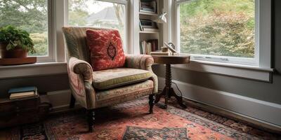 ai generiert. ai generativ. Foto von cozu Zuhause Zimmer Stuhl und Raum zum lesen meditaion arbeiten. Ruhe entspannen Stimmung. Grafik Kunst