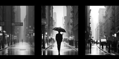 ai generiert. ai generativ. einfarbig schwarz und Weiß Stadt städtisch Foto realistisch Illustration mit einsam Person. noir Theater einsam Stimmung. Grafik Kunst