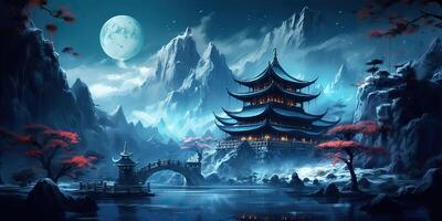 ai generiert. asiatisch Chinesisch Karikatur Stil Blau Farben Pagode Tempel Turm Landschaft. ai generativ. Grafik Kunst foto