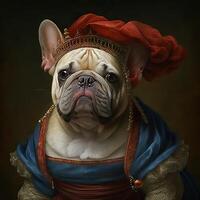 ai generiert. ai generativ. Foto realistisch Illustration von süß Französisch Bulldogge frenchie Hund im Geschichte Renaissance Stoff Kostüm. Grafik Kunst