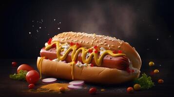 saftig Hotdog mit Gewürze, Beläge, Ketchup, Mayonnaise, und frisch Salat. bunt und appetitlich gegen dunkel Hintergrund. ai generiert foto