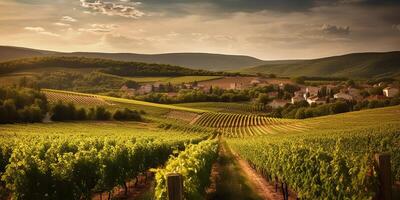 ai generiert. ai generativ. Weinberg beim Süd Frankreich Provence. Wein Pflanze Garten Ernte. romantisch entspannen Ausruhen Stimmung. Grafik Kunst foto