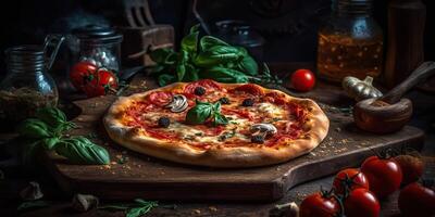 ai generativ. ai generiert. Foto realistisch Illustration von lecker Italienisch Pizza Familie Abendessen. Grafik Kunst