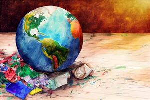 Globus umgeben durch Müll auf hölzern Oberfläche. generativ ai foto