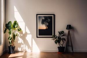 schwarz Foto Rahmen auf Weiß Wand, Sonnenlicht teilweise Abdeckung das Mauer . ai generiert