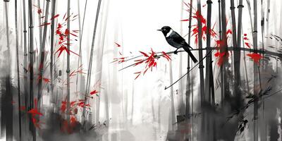 ai generiert. ai generativ. Illustration von asiatisch China Japan Pflanze Bambus mit Vogel. Frieden Verstand klar Ruhe Stimmung. Grafik Kunst foto