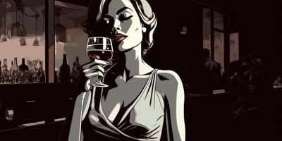ai generiert. ai generativ. retro Jahrgang ziemlich Frau mit rot Wein Glas beim Nacht Party Kneipe. romantisch noir Film Stimmung. Grafik Kunst Illustration. foto