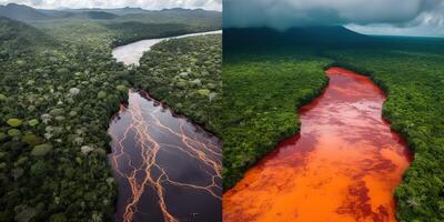 ai generiert. ai generativ. Foto realistisch Illustration von oben Aussicht Drohne Amazonas Fluss im das Regen Jahreszeit. Abenteuer tropisch erkunden Stimmung. Grafik Kunst