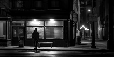 ai generiert. ai generativ. einfarbig schwarz und Weiß Stadt städtisch Foto realistisch Illustration mit einsam Person. noir Theater einsam Stimmung. Grafik Kunst