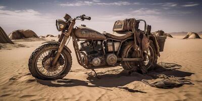 ai generiert. ai generativ. alt Jahrgang retro brutal Motor- Fahrrad im Wüste Straße. wütend max Film inspiriert. Abenteuer erkunden Reise Stimmung. Grafik Kunst foto