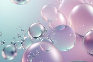 Pastell- Hintergrund mit irisierend magisch Luft Blasen. Hintergrund mit Glas Bälle oder Wasser Tropfen. generativ ai foto