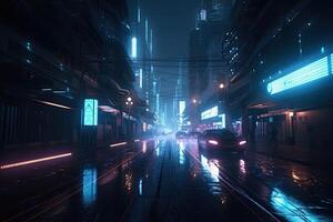 Neon- Nacht im ein futuristisch Stadt. leeren Straße mit Neon- Beleuchtung reflektieren im ein Wasser. generativ ai foto