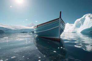 Antarktis Landschaft mit Boot und Eisberge. das Schiff Fahren durch gefroren Meer. generativ ai foto