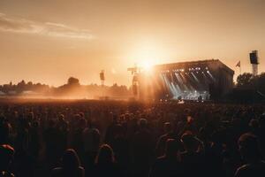 Menge beim ein öffnen Luft Konzert. Menschen feiern auf ein Sommer- öffnen Luft. generativ ai foto