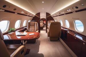 Luxus Innere im das modern Geschäft Jet und Sonnenlicht im das Bullauge. generativ ai foto