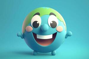 süß Karikatur Erde mit lächelnd Gesicht. Grün und Blau Planet. generativ ai foto