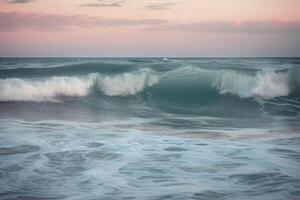 Meer Wellen auf das Strand im das Morgen. schön Seelandschaft im Pastell- Farben. generativ ai foto