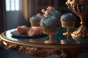 bunt Cupcakes auf aufwendig Glas Tabellen mit golden Akzente im königlich Schlafzimmer bedeckt mit Blumen. generativ ai foto