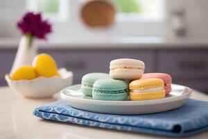 bunt Macarons auf einfach Teller im modern Weiß Küche. generativ ai foto